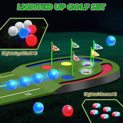 VATOS Golf Putting Mat Indoor for Kids - Golf Game Set with LED Balls, Glow Cups, Irons & Putters, Portable Putting Green Outdoor for Home Backyard Office Party, Golfing Gifts for Kids 6-14
