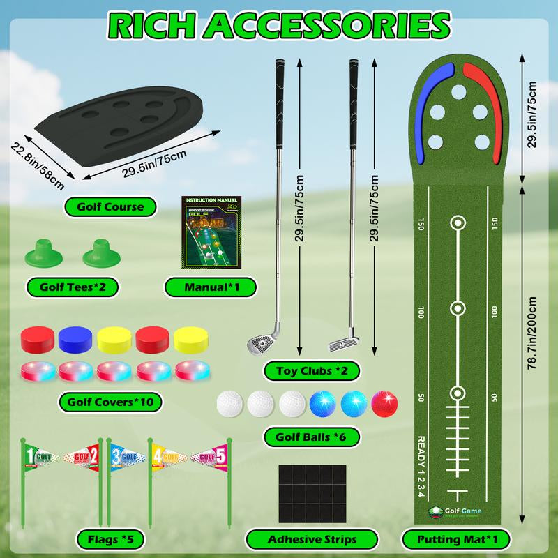 VATOS Golf Putting Mat Indoor for Kids - Golf Game Set with LED Balls, Glow Cups, Irons & Putters, Portable Putting Green Outdoor for Home Backyard Office Party, Golfing Gifts for Kids 6-14