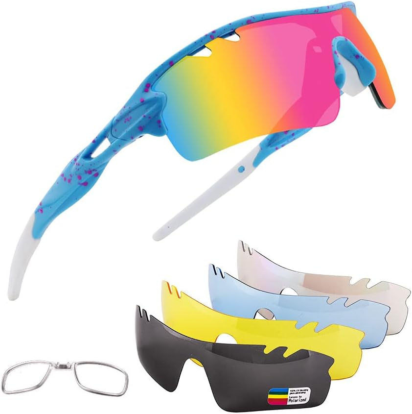 Polarized Sports Sunglasses with 5 Interchangeable Lenses,Mens Womens Cycling Glasses, Running